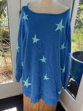Kim Gravel Belle Beach turquoise blue STARS intarsia knit cotton sweater 3X PLUS